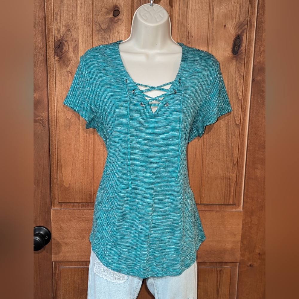 Ruff Hewn Teal Lace-Up Short‎ Sleeve Top